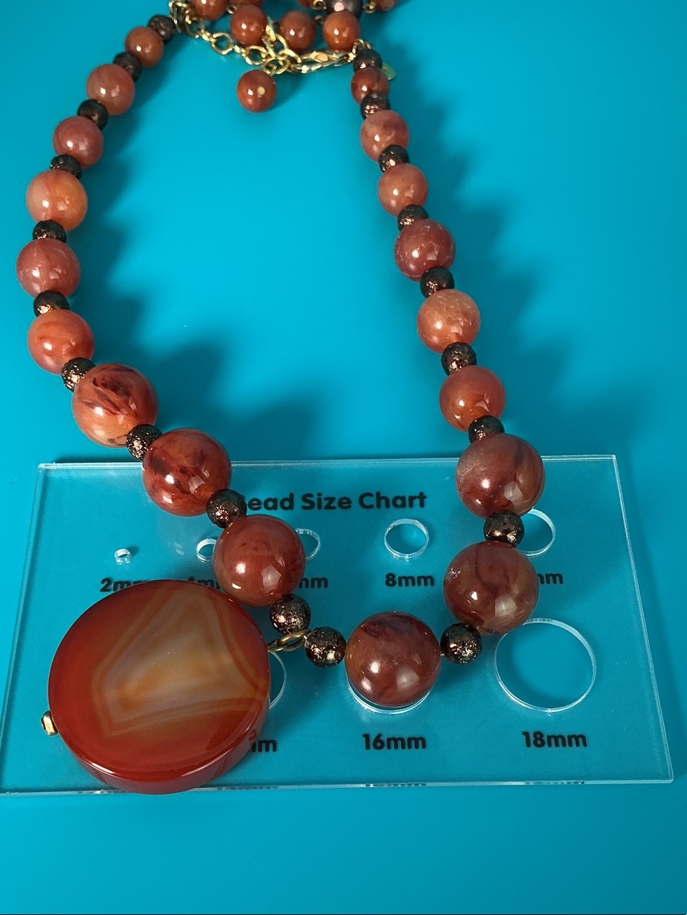 Vintage Lydell NYC Double Strand Acrylic Bead Red Agate Pendant Necklace - Picture 9 of 11
